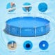 Round above ground swimming pool in blue with durable PVC fabric, featuring a solid iron structure and pool cover.
