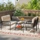 Beige PE rattan patio furniture set featuring a loveseat and two chairs with a coffee table, ideal for outdoor.