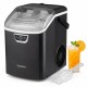 Countertop nugget ice maker in black with ice scoop, producing 33 lbs of soft, flavor-absorbing ice for drinks.