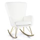 White nursery rocking chair with curved backrest, armrests, and gold electroplated legs for ergonomic comfort.