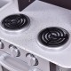 Kids wooden kitchen play set featuring two realistic stovetop burners with working knobs for imaginative cooking fun.