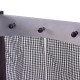 Close-up of the Kids Wooden Modern Kitchen Cooking Pretend Play Set showing black and white checkered curtains and.