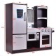 Kids wooden modern kitchen cooking play set with realistic details, working knobs, and large storage space for pretend.
