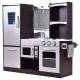 Kids wooden modern kitchen cooking pretend play set with realistic details and large storage space for imaginative play.