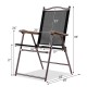 Folding sling back patio chair in coffee color with steel frame, perfect for outdoor relaxation and camping trips.