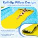 Yellow 3-layer floating water pad mat with roll-up pillow design, ideal for 6-8 people, perfect for summer relaxation.