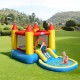 Inflatable kids slide bounce house with colorful design, water spraying feature, and mesh walls for safety, ideal for.