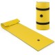 Yellow 3-layer tear-resistant foam floating pad with rolled design for easy storage, suitable for lakes and pools.