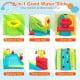 Outdoor inflatable water bounce house featuring a long slide, climbing wall, and water sink for garden fun.