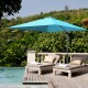 10 ft blue offset cantilever umbrella with aluminum pole and 360-degree tilt, perfect for patio shade and stability.