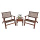 Two wooden armchairs with hand-woven rattan and a solid wood table, perfect for outdoor patio or garden use.