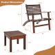 Dimensions of the 3 Pieces Outdoor Wooden Patio Rattan Furniture Set, featuring sturdy armchairs and a solid wood table.