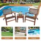 Outdoor wooden patio rattan furniture set with two armchairs and table, perfect for poolside relaxation.