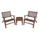 Two armchairs with hand-woven rattan and a solid wood table, perfect for outdoor patio relaxation.
