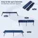 Folding camping cot in blue with sturdy iron frame, easy setup, and portable carry bag for outdoor adventures.