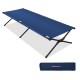 Blue folding camping cot with sturdy iron frame, 600D oxford fabric, and portable carry bag for easy transport.