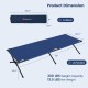 Folding camping cot in blue with sturdy iron frame, 300 lbs capacity, compact for easy transport and storage.