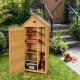 Wooden outdoor lockable garden tool storage featuring a smooth surface and sturdy construction, perfect for garden.