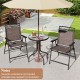 Outdoor bistro dining set featuring two folding chairs and a round table with a 1.57-inch umbrella hole for patio use.