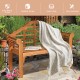 Rustic-style 49-inch eucalyptus wood folding bench with cozy blanket draped, ideal for garden or patio relaxation.