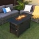 Rectangular propane fire pit table with lava rocks, 60,000 BTU output, modern design, perfect for outdoor gatherings.