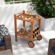 2 Tier rolling serving cart with wine bottle holders, hardwood construction, and rubber wheels for easy outdoor use.
