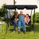 Three-seat black patio canopy swing with cushions, perfect for outdoor relaxation in garden or yard.