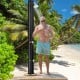 Adjustable outdoor solar shower with rotating head, PVC construction, and 9.3-gallon capacity for beachside use.