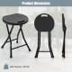 Collapsible round stool dimensions showing black PE seat, sturdy metal frame, and foldable design for easy storage.