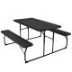 Folding picnic table bench set in black with wood-like texture, spacious for food and drinks, ideal for outdoor.