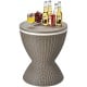 Brown 3 in 1 patio rattan cooler bar table with retractable tabletop and 8-gallon capacity for drinks and snacks.