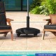 Resin umbrella base stand with lockable wheels, 50lbs weight, designed for patio umbrellas, perfect for poolside use.