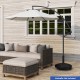 Resin umbrella base stand with wheels, 50lbs weight, designed for patio umbrellas, ideal for outdoor use.