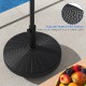 Resin umbrella base stand with rattan-like surface, 50lbs weight, and lockable wheels for easy mobility in outdoor.