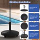 Resin umbrella base stand with wheels, 50lbs heavy duty, suitable for various umbrella sizes, ideal for patio use.