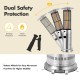 Stainless steel patio heater with glass tube, 40,000 BTU output, safety features, and wheels for easy movement.