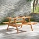 Hardwood picnic table set with spacious 59" x 24" tabletop and umbrella hole, great for backyard gatherings.