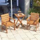 Two slatted hardwood chairs with inclined backrests and a small table, ideal for outdoor patio relaxation.