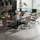 Height adjustable brown office chair with rocking backrest and armrests, designed for comfort in conference rooms.