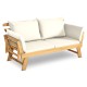 Adjustable patio convertible sofa in solid acacia wood with thick white cushions, perfect for outdoor and indoor.