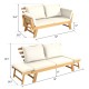 Adjustable patio convertible sofa in acacia wood with thick white cushions, perfect for outdoor relaxation and.
