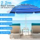 2.2m navy beach umbrella with tilt mechanism and sand anchor, perfect for poolside and garden relaxation.