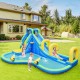 Inflatable water slide bounce house with climbing wall, splash pool, and water cannons for kids' outdoor fun.
