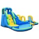 Inflatable water slide bounce house with climbing wall, splash pool, and water cannons for kids aged 4-12.