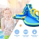 Inflatable water slide for kids aged 4-12, featuring a climbing wall, splash pool, and water cannons for outdoor fun.