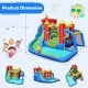 Product dimensions of the inflatable bounce house splash pool, showcasing various play areas for kids aged 3 to 10.