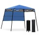 Portable 7 x 7 feet blue canopy tent with adjustable height, foldable design, and included backpack for outdoor.