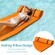 Orange 3-layer tear-proof water mat with rolling pillow design for buoyancy and head support, ideal for summer.