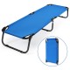 Blue outdoor folding camping bed with sturdy iron frame and breathable 600D Oxford cloth, ideal for travel and hiking.