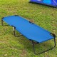 Blue outdoor folding camping bed with sturdy iron frame and breathable 600D Oxford cloth, perfect for travel and hiking.